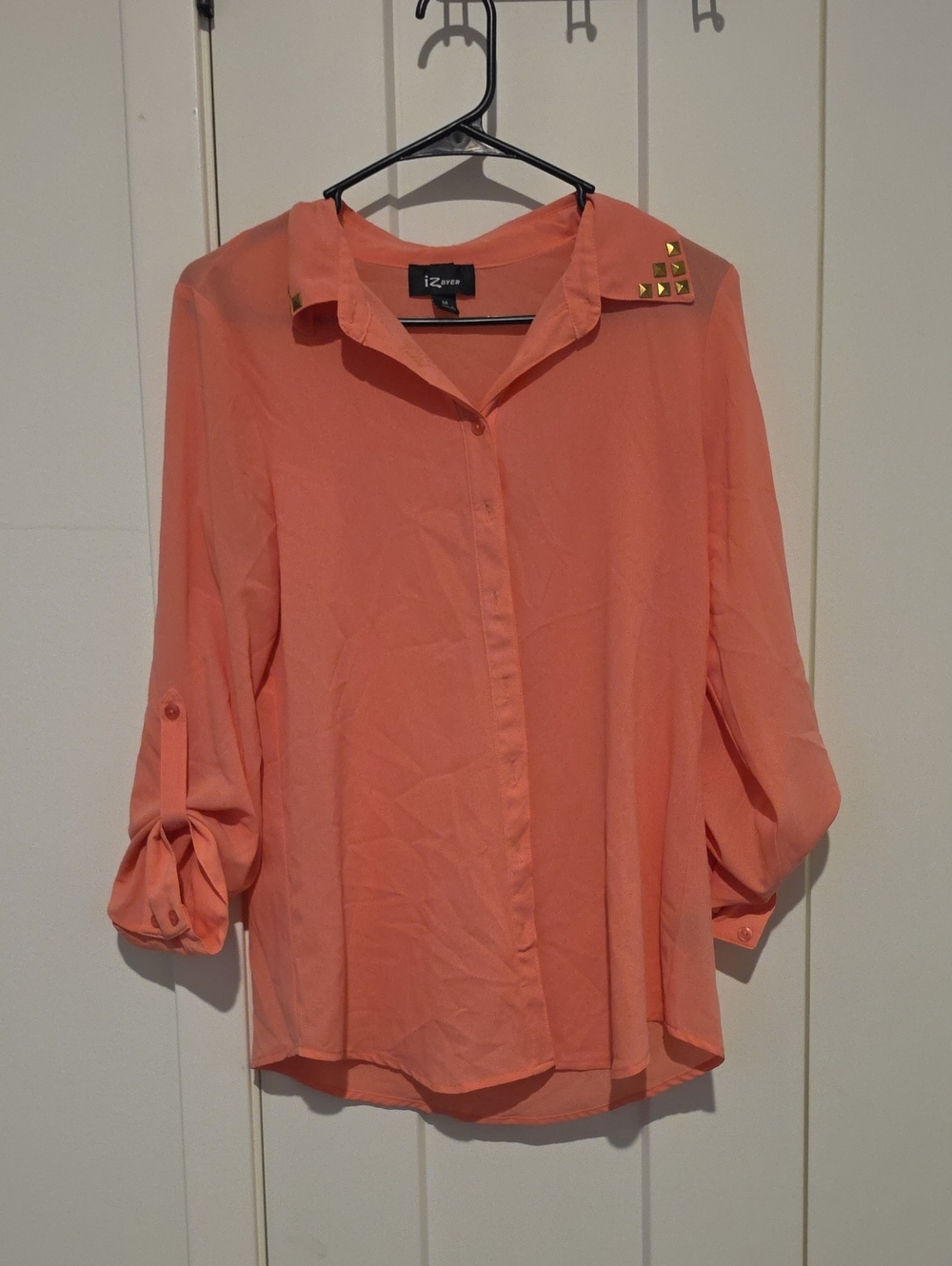 Iz Byer Coral Button-Front Blouse with Stud Accents
